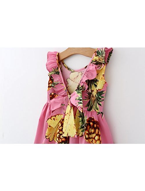 Bestime Hawaiian Girls Dresses Pink Pineapple Yellow Lemon Printed Ruffles Backless Cotton Sleeveless Dress