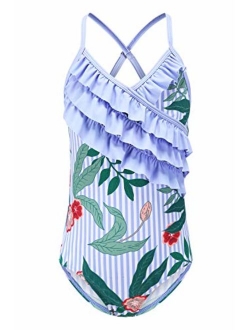 Moon Tree Girls One Piece Swimsuits Hawaiian Ruffle Swimwear Beach Bathing Suit 2-14 Years