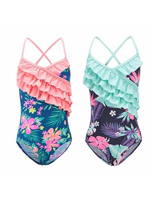 Moon Tree Girls One Piece Swimsuits Hawaiian Ruffle Swimwear Beach Bathing Suit 2-14 Years