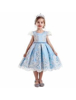 Girl Flower Printed Cotton Elegant Tulle Bow Belt Princess Dress