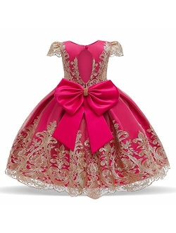 Girl Flower Printed Cotton Elegant Tulle Bow Belt Princess Dress