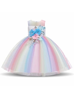 Girl Flower Printed Cotton Elegant Tulle Bow Belt Princess Dress