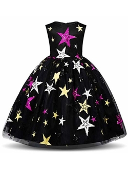 Girl Flower Printed Cotton Elegant Tulle Bow Belt Princess Dress