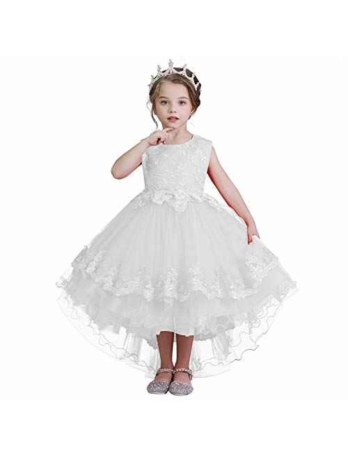 NNJXD Girl Flower Printed Cotton Elegant Tulle Bow Belt Princess Dress