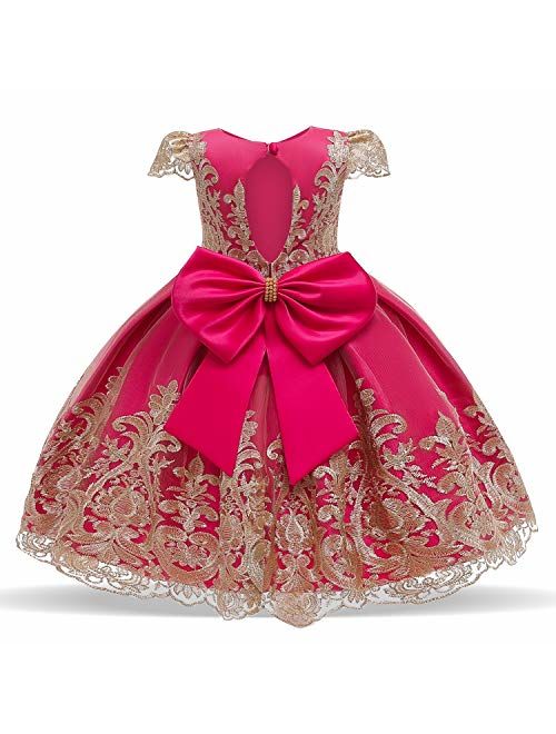 NNJXD Girl Flower Printed Cotton Elegant Tulle Bow Belt Princess Dress