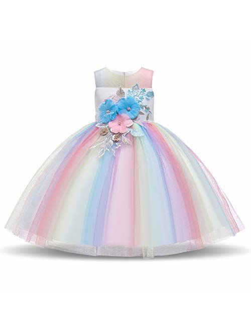 NNJXD Girl Flower Printed Cotton Elegant Tulle Bow Belt Princess Dress