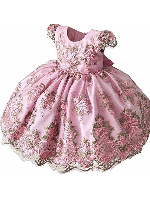 NNJXD Girl Flower Printed Cotton Elegant Tulle Bow Belt Princess Dress