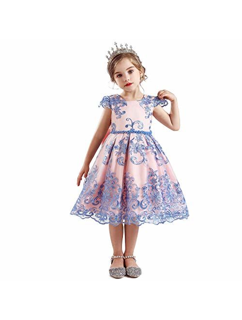 NNJXD Girl Flower Printed Cotton Elegant Tulle Bow Belt Princess Dress