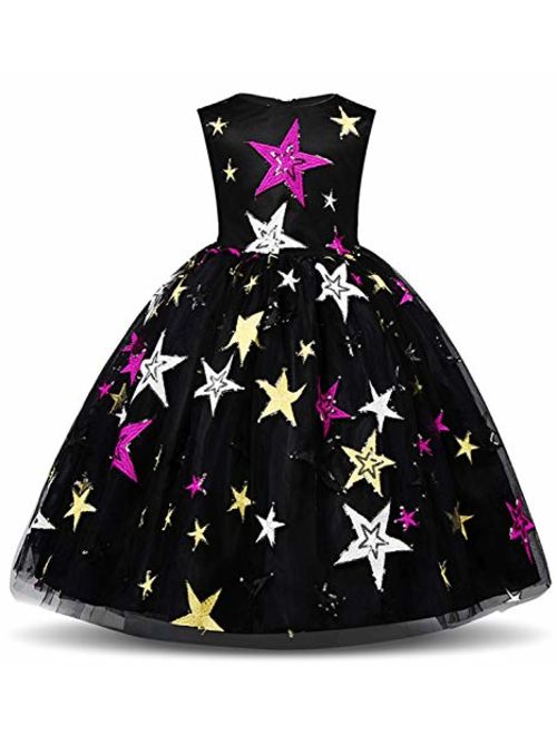 NNJXD Girl Flower Printed Cotton Elegant Tulle Bow Belt Princess Dress