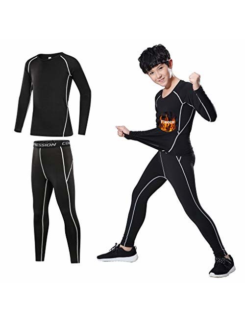 Tesuwel 2/3/4 Pcs Boys Girls Base Layer Athletic Compression Leggings and Shirts Thermal Underwear Set Running Pants Tights