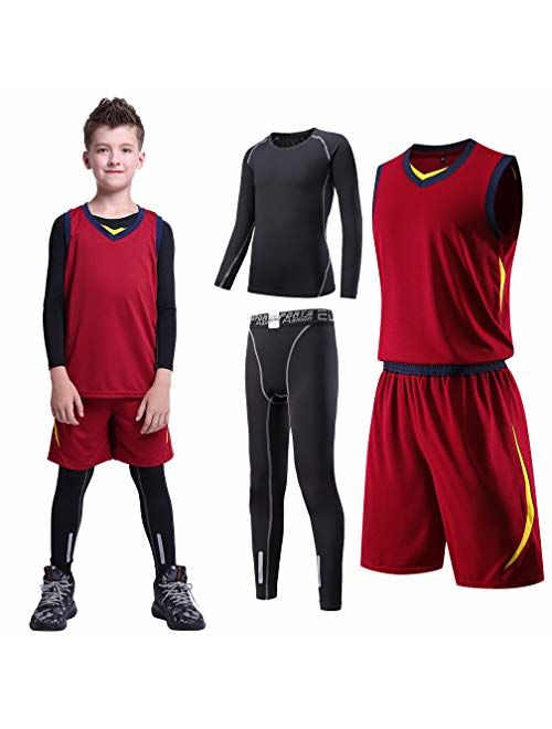 Tesuwel 2/3/4 Pcs Boys Girls Base Layer Athletic Compression Leggings and Shirts Thermal Underwear Set Running Pants Tights