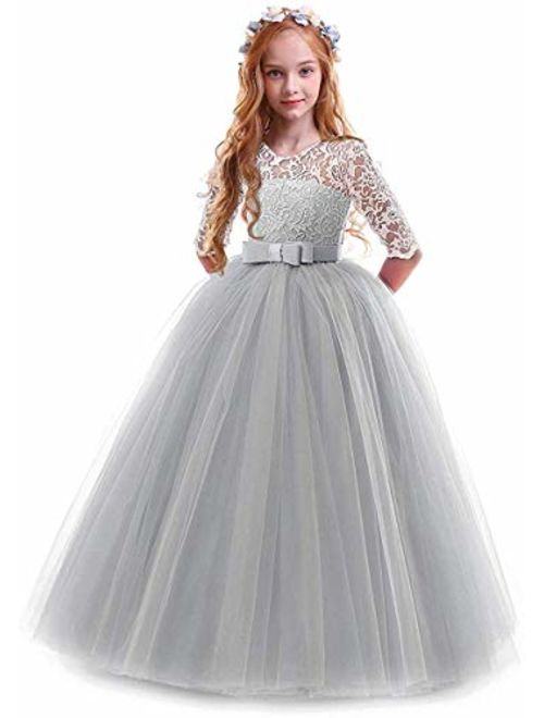 Flower Girls Lace 3/4 Sleeve Wedding Bridesmaid Maxi Dress Floor Length Pageant Party Boho Evening Formal Prom Dance Gown