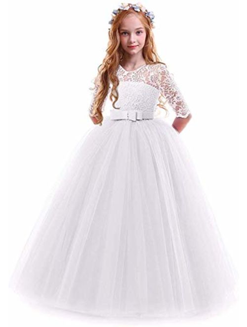 Flower Girls Lace 3/4 Sleeve Wedding Bridesmaid Maxi Dress Floor Length Pageant Party Boho Evening Formal Prom Dance Gown