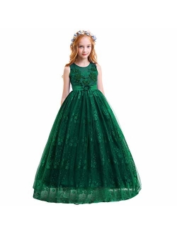 Girls Princess Tulle Lace Flower Pageant Dress Puffy Floor Length Wedding Bridesmaid Dress Party Tutu Maxi Gown