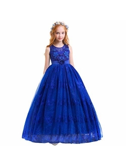 Girls Princess Tulle Lace Flower Pageant Dress Puffy Floor Length Wedding Bridesmaid Dress Party Tutu Maxi Gown