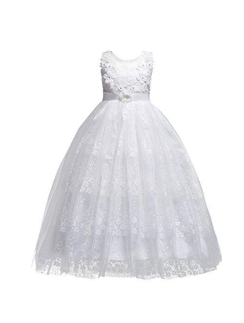 Girls Princess Tulle Lace Flower Pageant Dress Puffy Floor Length Wedding Bridesmaid Dress Party Tutu Maxi Gown