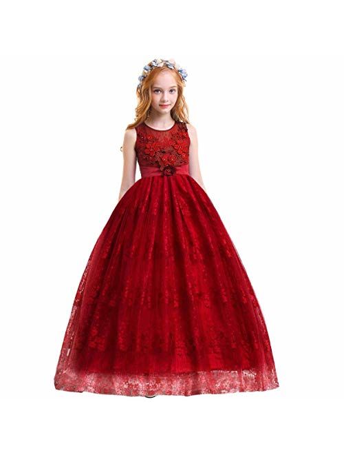 Girls Princess Tulle Lace Flower Pageant Dress Puffy Floor Length Wedding Bridesmaid Dress Party Tutu Maxi Gown