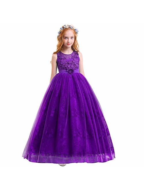 Girls Princess Tulle Lace Flower Pageant Dress Puffy Floor Length Wedding Bridesmaid Dress Party Tutu Maxi Gown