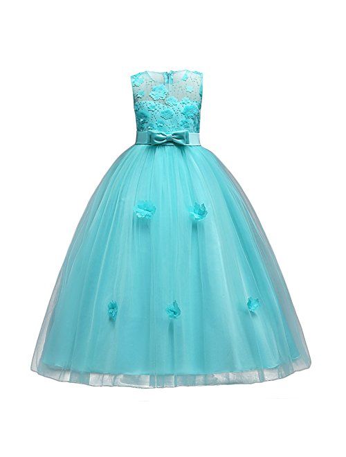 Girls Princess Tulle Lace Flower Pageant Dress Puffy Floor Length Wedding Bridesmaid Dress Party Tutu Maxi Gown