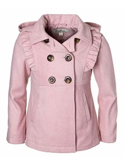 CREMSON Girls' Wool Blend Hooded Ruffle Winter Dress Pea Coat Jacket