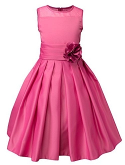 Big Girls Sheer Neckline Satin Tea Length Flower Girl Dress