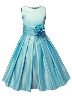 Big Girls Sheer Neckline Satin Tea Length Flower Girl Dress