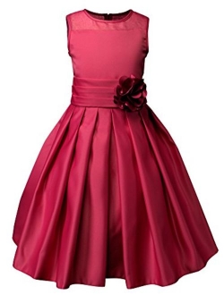 Big Girls Sheer Neckline Satin Tea Length Flower Girl Dress