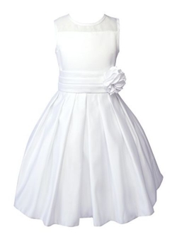 Big Girls Sheer Neckline Satin Tea Length Flower Girl Dress