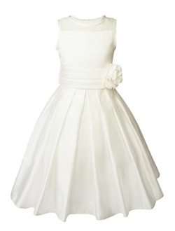 Big Girls Sheer Neckline Satin Tea Length Flower Girl Dress