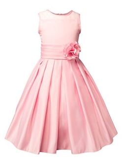 Big Girls Sheer Neckline Satin Tea Length Flower Girl Dress