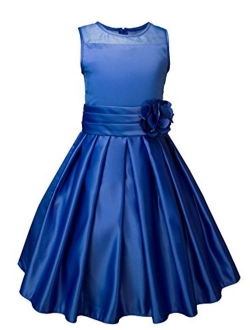 Big Girls Sheer Neckline Satin Tea Length Flower Girl Dress