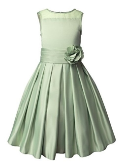 Big Girls Sheer Neckline Satin Tea Length Flower Girl Dress