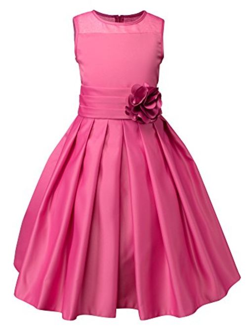 Spring Notion Big Girls Sheer Neckline Satin Tea Length Flower Girl Dress