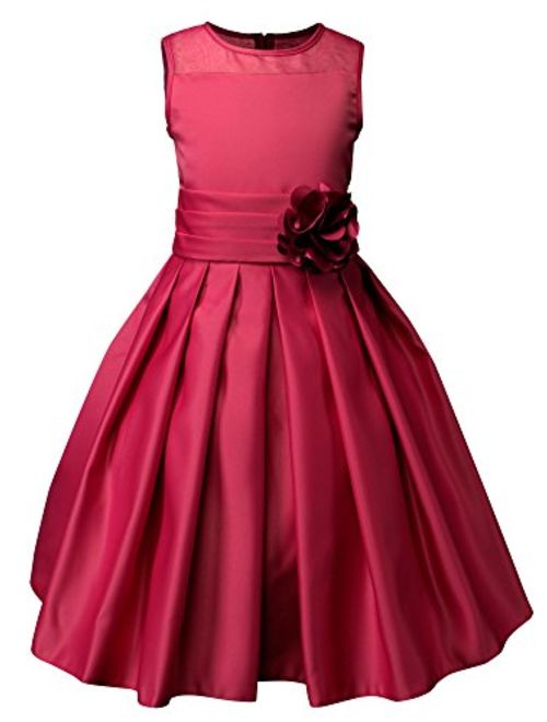 Spring Notion Big Girls Sheer Neckline Satin Tea Length Flower Girl Dress