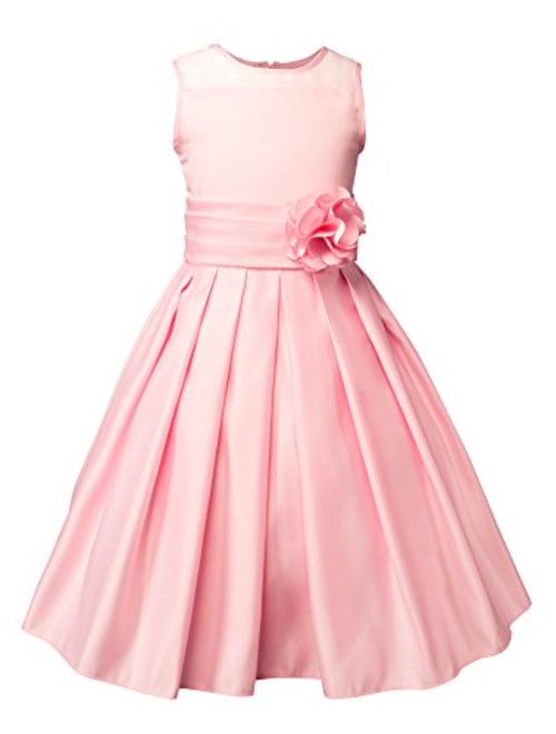 Spring Notion Big Girls Sheer Neckline Satin Tea Length Flower Girl Dress