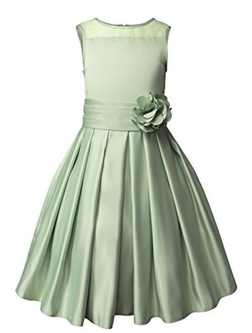 Spring Notion Big Girls Sheer Neckline Satin Tea Length Flower Girl Dress