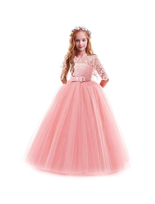 Flower Girl Lace Dress for Kids Wedding Bridesmaid Pageant Party Prom Formal Ball Gown Princess Puffy Tulle Dresses