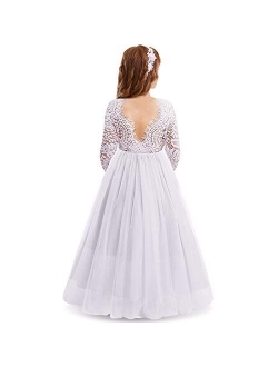 Girls 3/4 Sleeve Flower Tulle Lace Wedding Party Dress Floor Length Princess Long Prom Formal Pageant Evening Maxi Gown