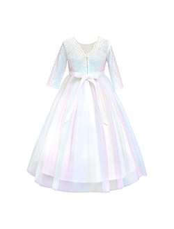 Girls 3/4 Sleeve Flower Tulle Lace Wedding Party Dress Floor Length Princess Long Prom Formal Pageant Evening Maxi Gown