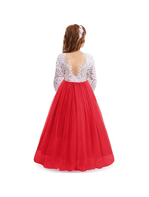 IBTOM CASTLE Girls 3/4 Sleeve Flower Tulle Lace Wedding Party Dress Floor Length Princess Long Prom Formal Pageant Evening Maxi Gown