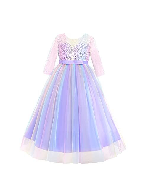 IBTOM CASTLE Girls 3/4 Sleeve Flower Tulle Lace Wedding Party Dress Floor Length Princess Long Prom Formal Pageant Evening Maxi Gown