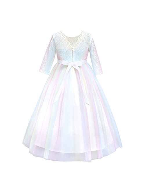 IBTOM CASTLE Girls 3/4 Sleeve Flower Tulle Lace Wedding Party Dress Floor Length Princess Long Prom Formal Pageant Evening Maxi Gown