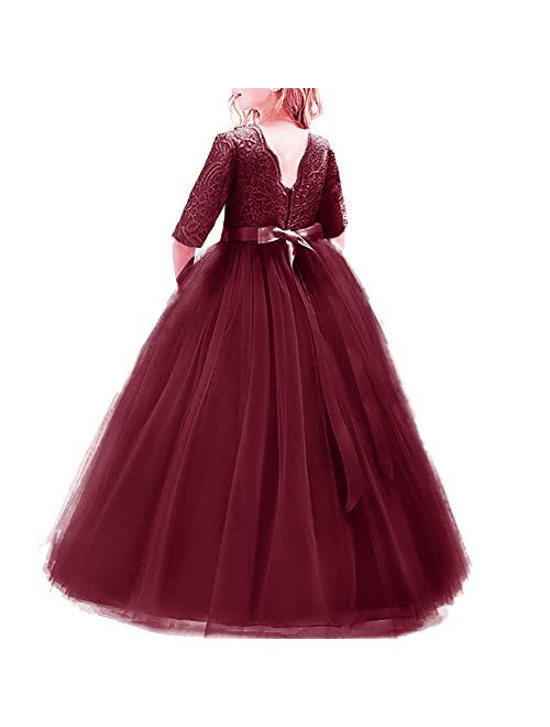 IBTOM CASTLE Girls 3/4 Sleeve Flower Tulle Lace Wedding Party Dress Floor Length Princess Long Prom Formal Pageant Evening Maxi Gown