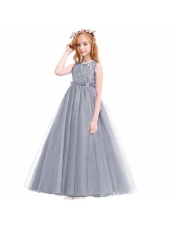 Big Girl Vintage Lace Junior Bridesmaid Dress Dance Ball Pageant Maxi Gown Floor Long for Party Wedding