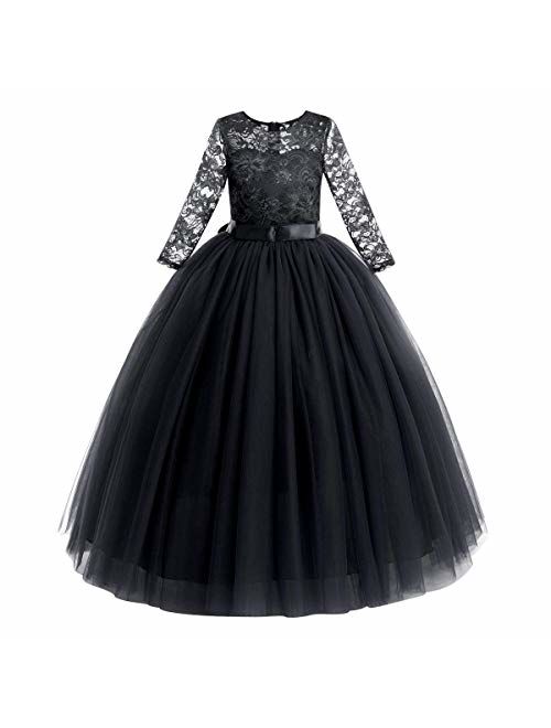 IBTOM CASTLE Big Girl Vintage Lace Junior Bridesmaid Dress Dance Ball Pageant Maxi Gown Floor Long for Party Wedding