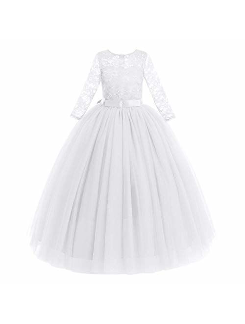 IBTOM CASTLE Big Girl Vintage Lace Junior Bridesmaid Dress Dance Ball Pageant Maxi Gown Floor Long for Party Wedding