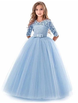 KISSOURBABY Girl Long Sleeve Lace Tutu Princess Pageant Dresses Kids Prom Ball Gown for 2-14 Years