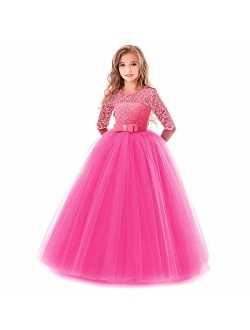 KISSOURBABY Girl Long Sleeve Lace Tutu Princess Pageant Dresses Kids Prom Ball Gown for 2-14 Years