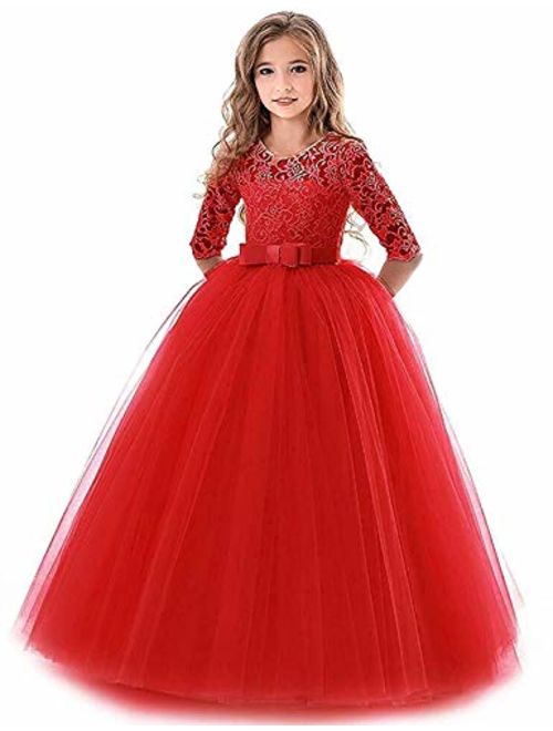 KISSOURBABY Girl Long Sleeve Lace Tutu Princess Pageant Dresses Kids Prom Ball Gown for 2-14 Years