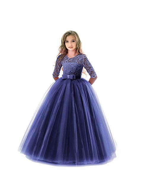 KISSOURBABY Girl Long Sleeve Lace Tutu Princess Pageant Dresses Kids Prom Ball Gown for 2-14 Years